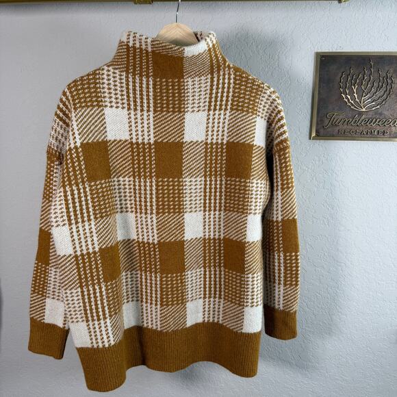 Women's Madewell Wool Blend Mustard Cream Plaid Mock Neck Sweater Size XS - Picture 2 of 8